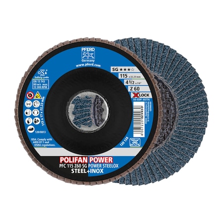 Pferd 4-1/2" X-LOCK POLIFAN Flap Disc - Z SG POWER STEELOX, Zirconia, 60 Grit, Conical 10PK 60776